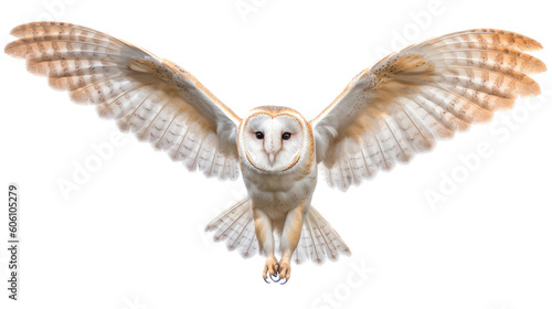 a Barn Owl, in flight, front view, a nocturnal bird of prey, piercing eyes, Nature-themed, photorealistic illustrations in a PNG, cutout, and isolated. Generative AI © Purple Penguin GFX