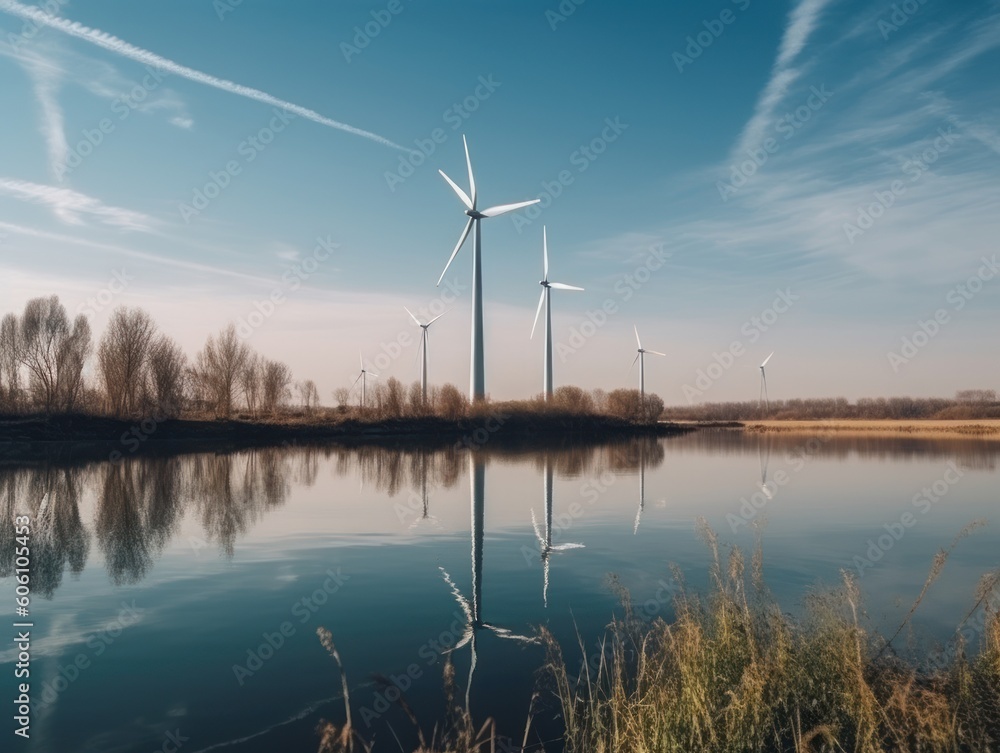 Turbines next to the river. Green energy and eco environment concept. Generative AI