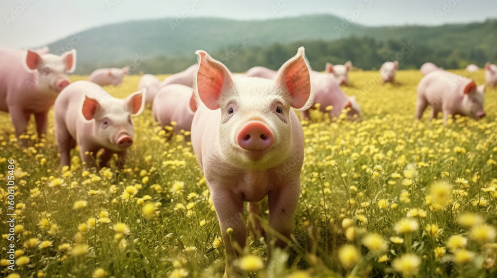 Piglets grazing in a meadow with yellow flowers in summer.Free range pig farming.The concept of ecological and organic food. Natural healthy food and organic farming concept. Piglets grazing in a meadow with yellow flowers in summer.Free range pig farming.The concept of ecological and organic food. Natural healthy food and organic farming concept.