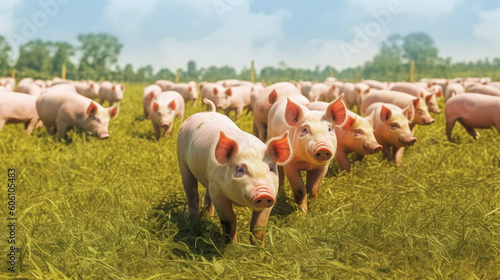 Fényképezés Flock of pigs in a green meadow on a sunny day