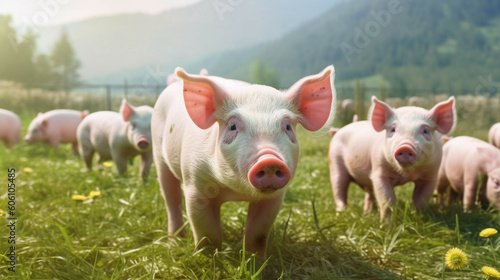 Piglets on a green meadow on a sunny summer day.Free range pig farming.The concept of ecological and organic food. Natural healthy food and organic farming concept.