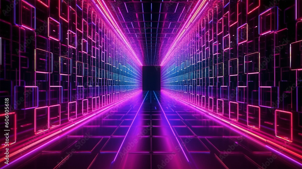 Abstract neon lights into digital technology tunnel. Futuristic ...