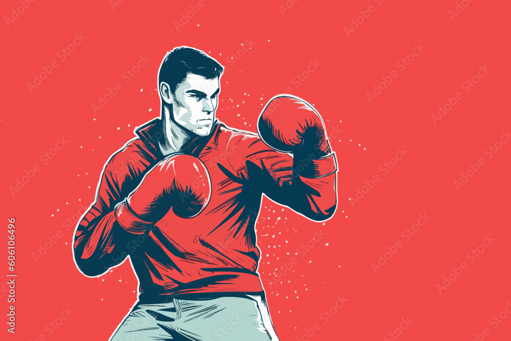 Doodle inspired Boxer fighter practicing jabs, cartoon sticker, sketch, vector, Illustration - obrazy, fototapety, plakaty 