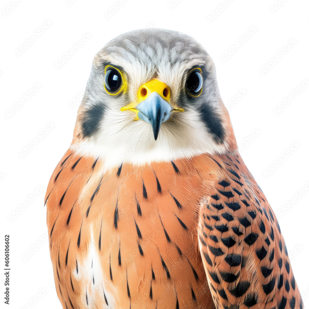 an American Kestrel, Portrait, tiny raptor, a bird of prey, piercing eyes, classic falconry, aerial hunter Nature-themed, photorealistic illustrations in a PNG, cutout, and isolated. Generative AI an American Kestrel, Portrait, tiny raptor, a bird of prey, piercing eyes, classic falconry, aerial hunter Nature-themed, photorealistic illustrations in a PNG, cutout, and isolated. Generative AI