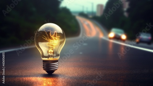 Light bulb on the road, journey and creativity concept, digital illustration. Generative AI photo
