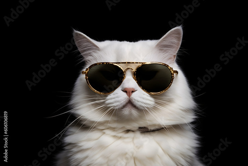 White cat with sunglasses portrait black isolated studio shot