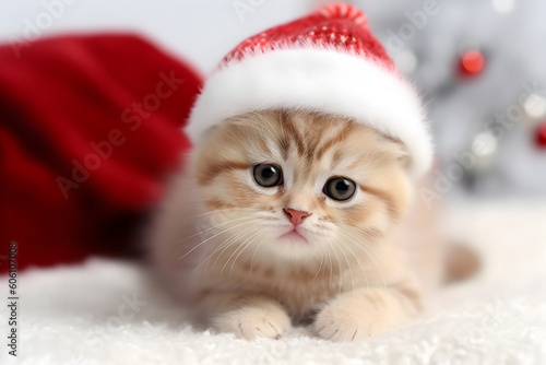 Cute kitten with santa hat portrait studio shot, Generative AI © sam