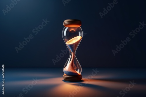 Hourglass in wood trim, dark background, time management concept, digital illustration. Generative AI
