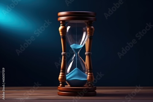 Hourglass in wood trim, dark background, time management concept, digital illustration. Generative AI