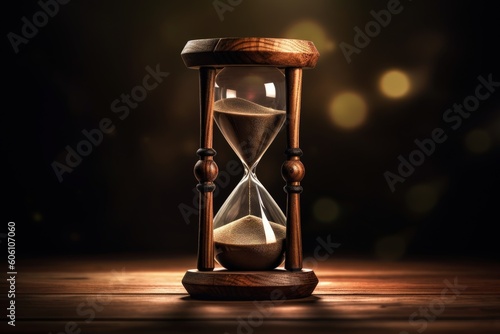 Hourglass in wood trim, dark background, time management concept, digital illustration. Generative AI