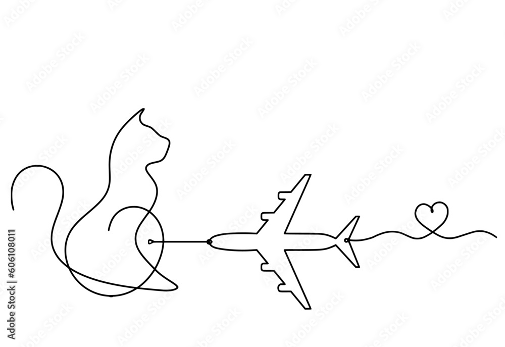 Silhouette of abstract cat with plane in line drawing on white Silhouette of abstract cat with plane in line drawing on white