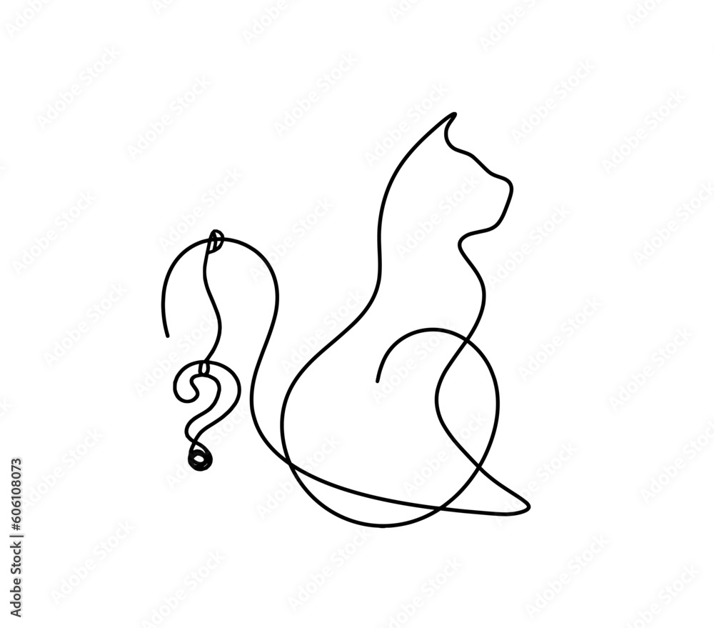 Silhouette of abstract cat with question mark in line drawing on white Silhouette of abstract cat with question mark in line drawing on white
