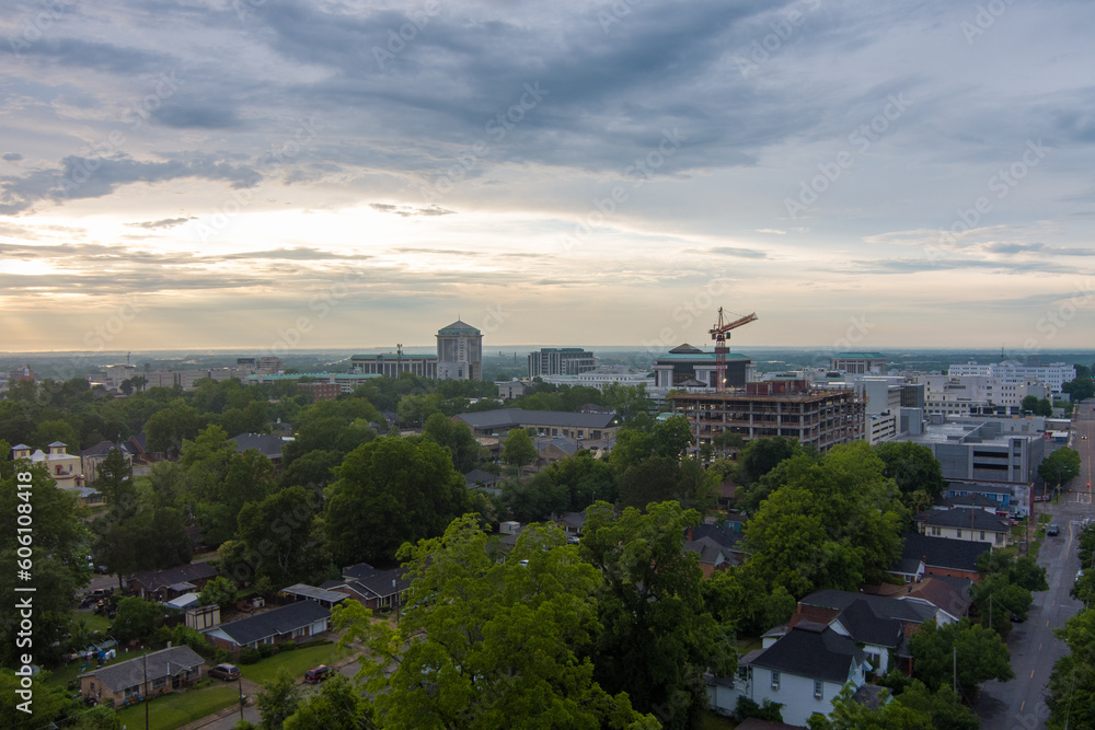 Aerial view of Montgomery, Alabama at sunset in May 2023