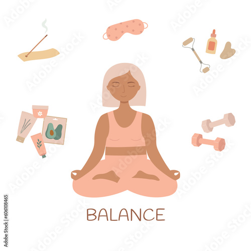 Young woman sitting cross-legged and self care elements set. Healthy habits for wellbeing