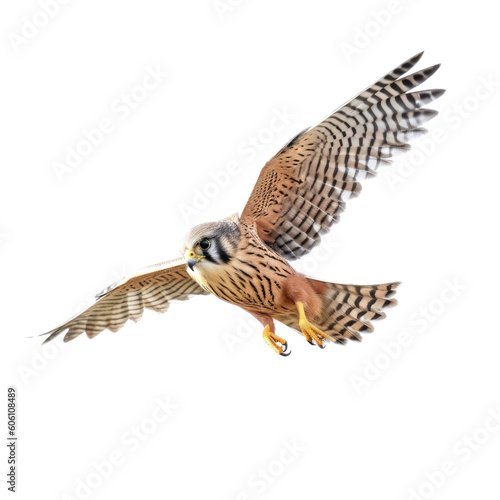 an American Kestrel, in flight, 3/4 view, a bird of prey, piercing eyes, falconry, aerial hunter Nature-themed, photorealistic illustrations in a PNG, cutout, and isolated. Generative AI