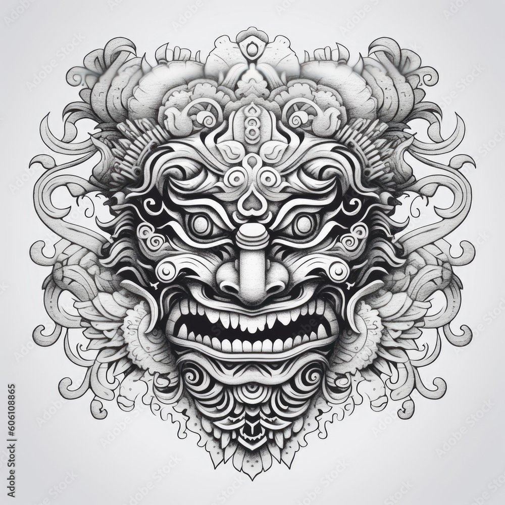 Black and white drawing of a japanese samurai Mask isolated on white. Tattoo idea for an ornamental mask in the style of Japan.
