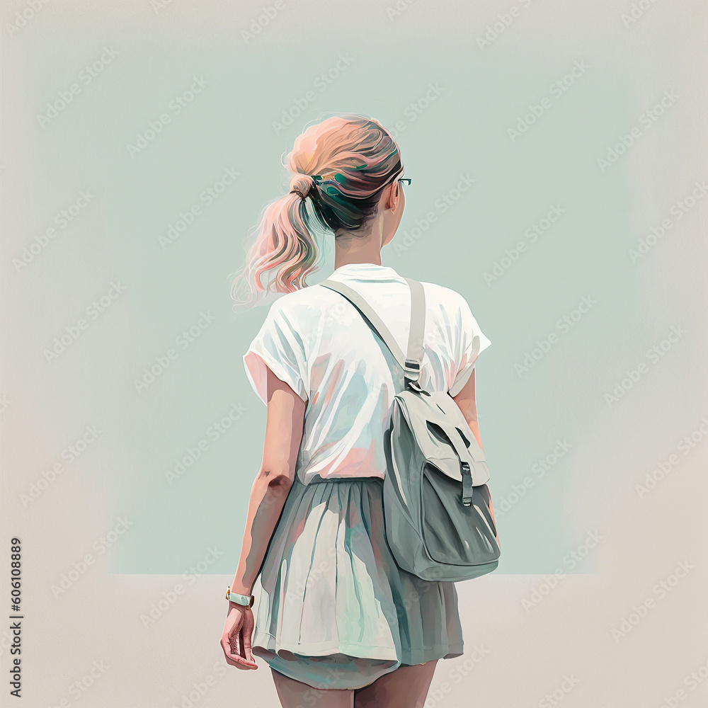 Ai generated illustration rear view of female student looking away