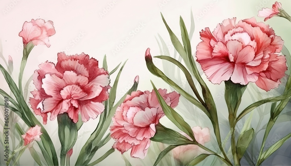 Happy mother's day background vector. Watercolor floral wallpaper design with pink carnation flowers, leaves. Mother's day concept illustration design for cover