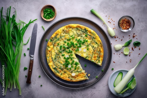 Traditional Italian vegetable frittata with zucchini, spring onion and cheese served as a top view on a Nordic design plate with copy space