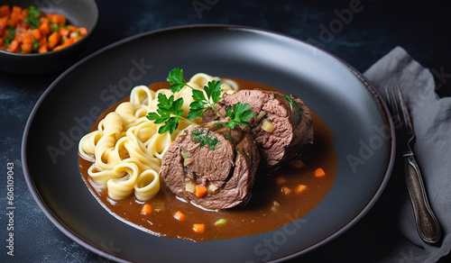 Traditional slow cooked German Wagyu beef roulades with gnocchetti sardi noodles in a spicy gravy as a top view on a Nordic design plate with copy space on the right