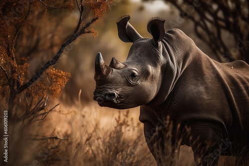 Majestic Black Rhinoceros: Endangered Species in Remote Wilderness, Conservation and Biodiversity generative AI © Arthur