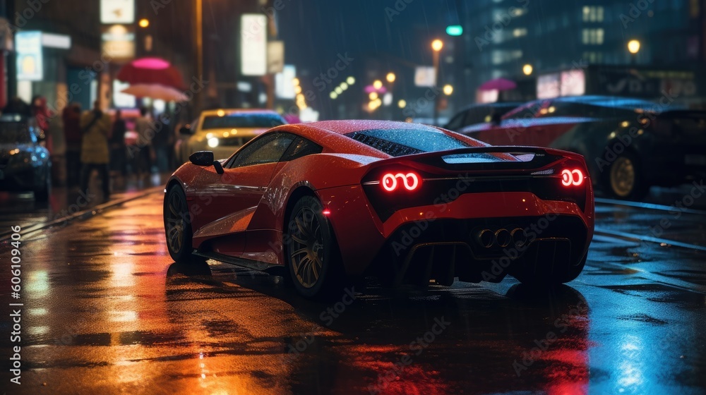 Luxury sports car at night, background, big city full of lights Luxury sports car at night, background, big city full of lights