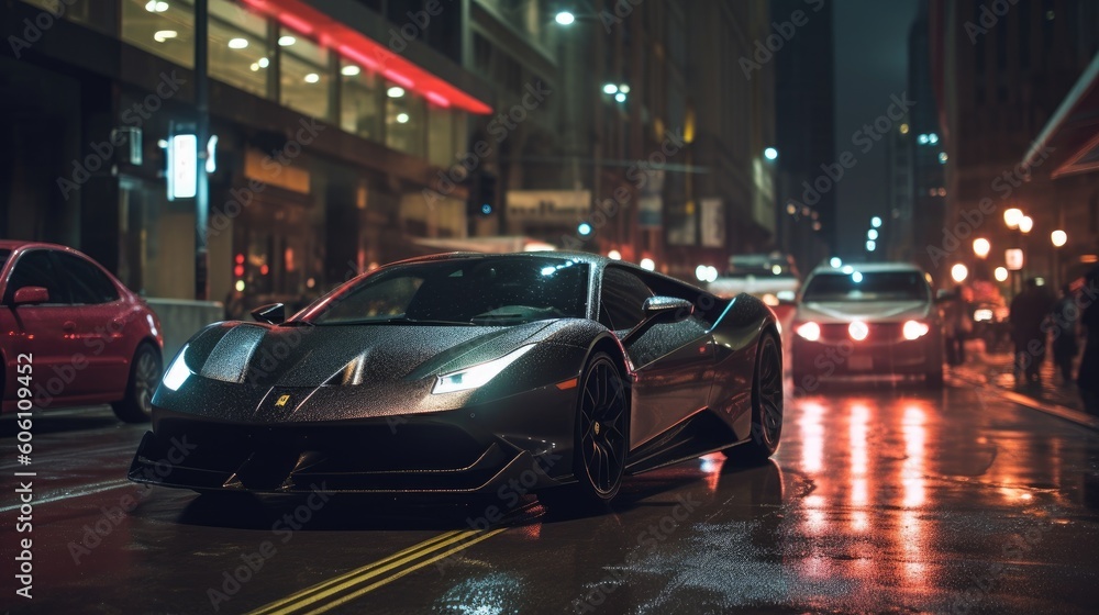 Luxury sports car at night, background, big city full of lights