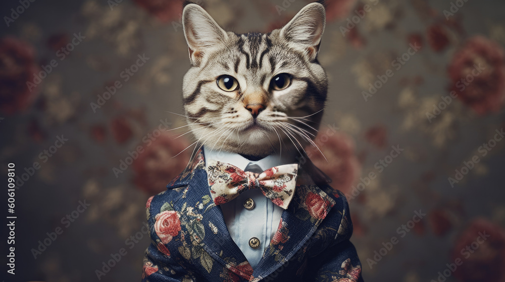 Portrait of a cat in a costume with a pattern of flowers