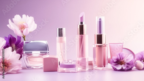 Professional makeup cosmetics pastel color palette, flat lay with flowers. Beauty concept, decorative professional products Generative AI