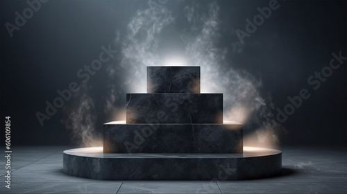 Dark stone podium for display product presentation with smoke. 3d pedestal design illustration. Generative Ai.