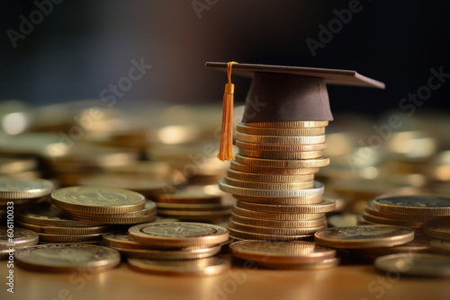 Cost of higher education. Graduation cap on a stack of coins. Generative ai photo