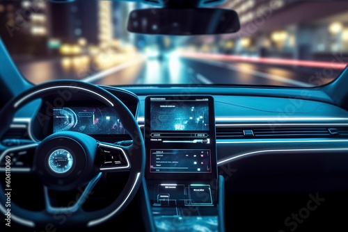 Modern smart car technology intelligent system using Heads up display (HUD) Autonomous self driving mode vehicle on city road with graphic sensor radar signal system intelligent car, generate Ai © MstAsma