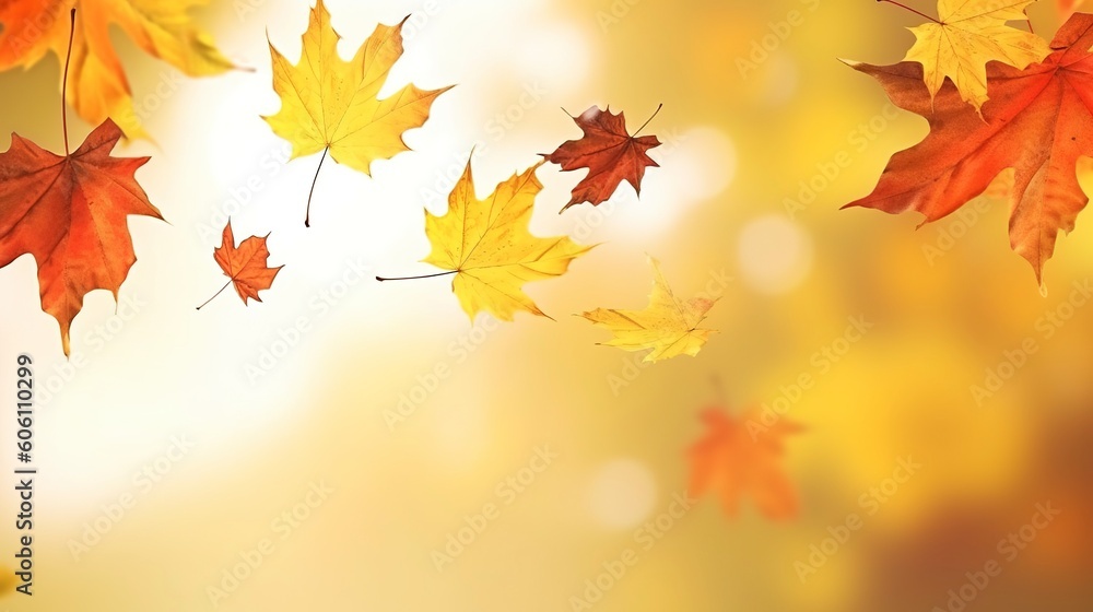 Autumn natural background with yellow and red maple leaves are flying and falling down, generate ai