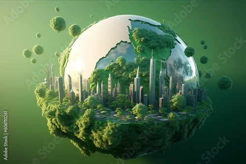 paper art , Green planet Earth of sphere futuristic , Crystal Earth planet green forest city , Generate Ai © MstAsma