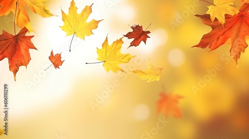 Autumn natural background with yellow and red maple leaves are flying and falling down  generate ai