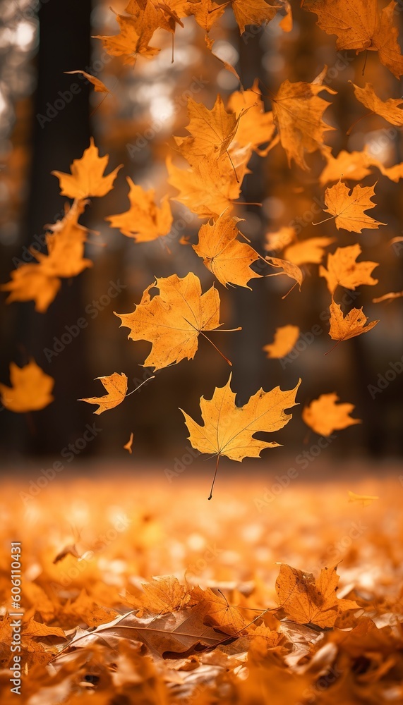 Flying fall maple leaves on autumn background. Falling leaves, seasonal banner with autumn foliage, generate ai