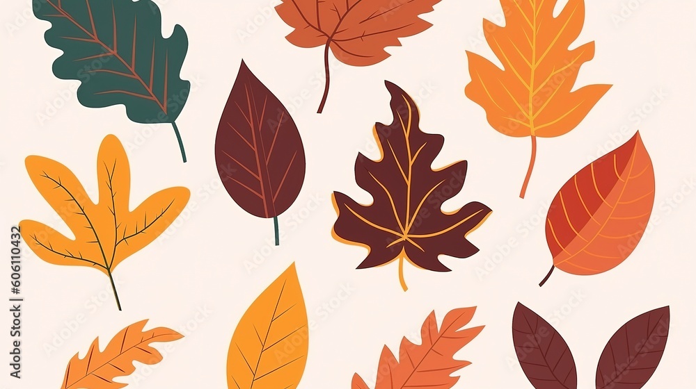Obraz premium Autumn leaves set. Autumnal yellow leaf, forest nature orange leafage and september red leaves. Chestnut, dog rose and viburnum or foliage leaf. Flat isolated icons, generate ai
