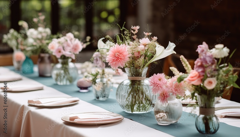 Flower table decorations for holidays and wedding dinner. Table set for holiday, event, party or wedding reception in outdoor restaurant