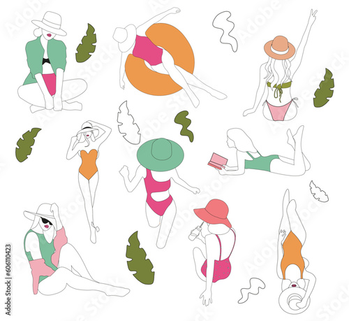 A set of beautiful girls lying on beach during vacation with hat, swimming ring, shirt, leaves in green, orange, pink colors in line art vector