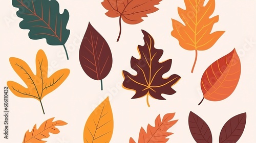 Autumn leaves set. Autumnal yellow leaf, forest nature orange leafage and september red leaves. Chestnut, dog rose and viburnum or foliage leaf. Flat isolated icons, generate ai