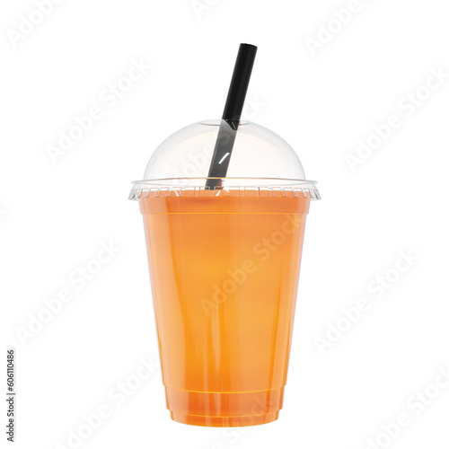 3d orange juice in a plastic cup with a straw on isolated background. 3d rendering illustration.