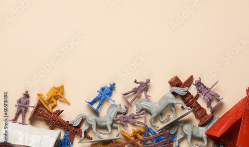 Set of soldiers and figurines from the theme of the wild west. Cowboys and American Indians. Copy space