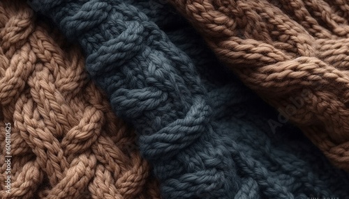 Knitted texture, woolen textured sweater. Fall and winter season warm sweater, knitwear clothing. Background, copy space, top view. AI generated