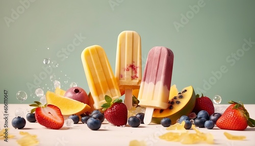 Levitating ice cream popsicles with fruit and berries on pastel background, free copyspace for text. Flying ice cream, summer dessert, frozen fruit juice. 