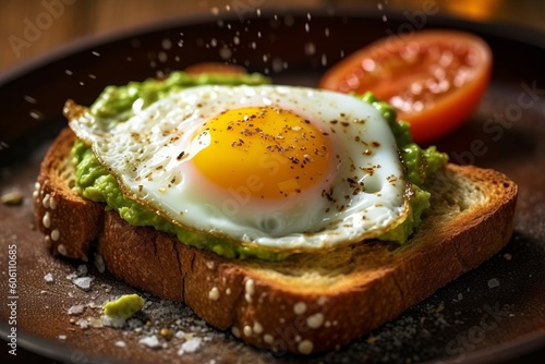 Illustration of an avocado toast with a fried egg on top created with Generative AI technology