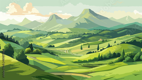 vector image of the mountain landscape and a river across the green fields