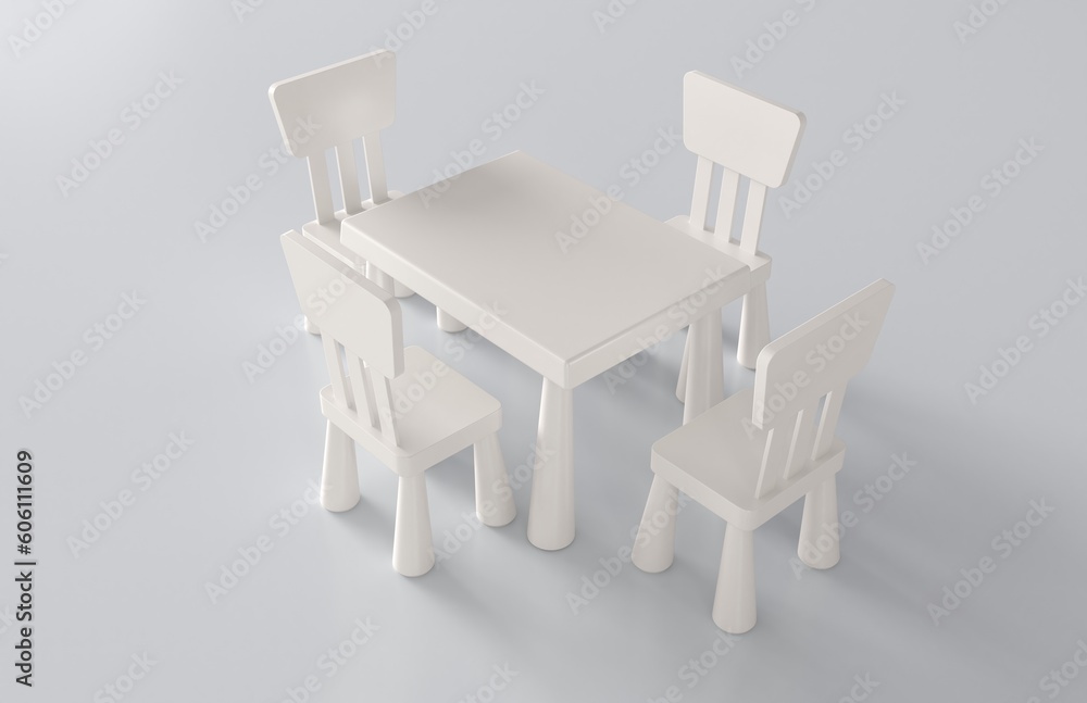 Fototapeta premium White plastic set for children to sit and play in the kindergarten or to place in the children's room. White children table with two plastic chairs isolated on white background. 3d rendering.