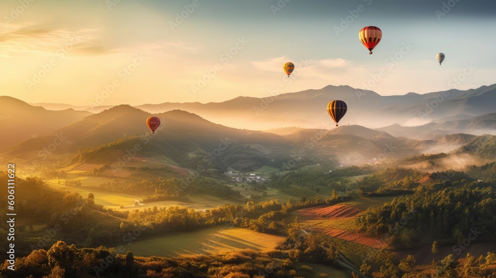 Colorful hot air balloons flying over mountain. Generative AI