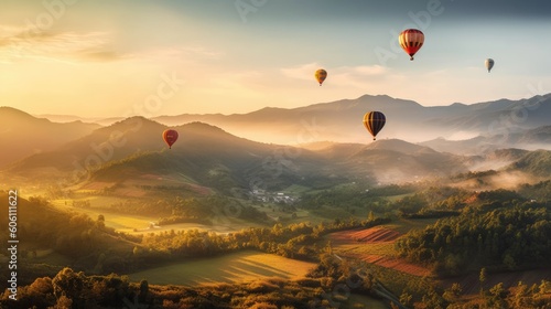 Colorful hot air balloons flying over mountain. Generative AI