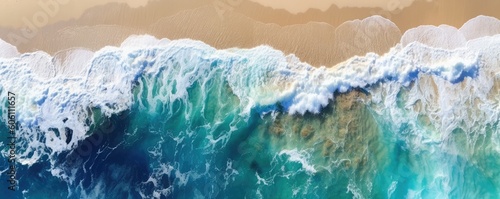 a birds-eye view of the beach a horizontal aerial coastline and a sea with aqua water waves without rocks, Abtract-themed, drone aerial, photorealistic illustrations in JPG. Generative AI